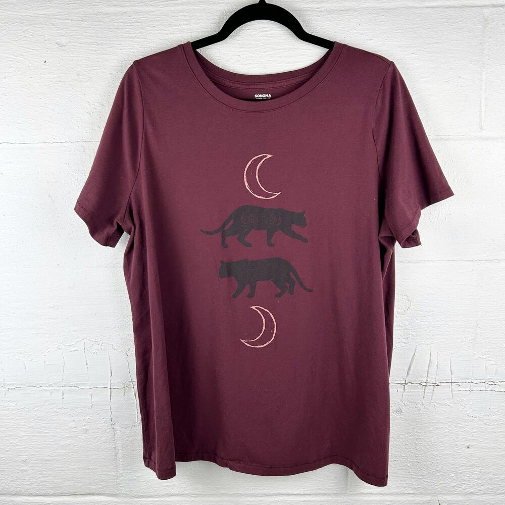 Maroon Cat & Moon Phase Graphic Tee – Witchy Boho Aesthetic, Size 0X - Picture 2 of 6